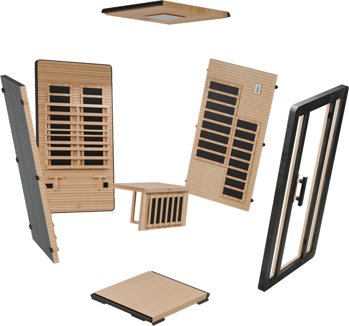 Thermi Core exploded view: roof, floor, bench, wall panels and glass door